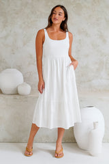 Hera Midi Dress - Scoop Neck Adjustable Strap Tiered Dress with Pockets in White