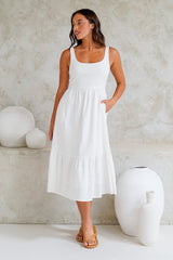 Hera Midi Dress - Scoop Neck Adjustable Strap Tiered Dress with Pockets in White