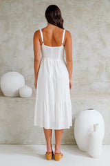 Hera Midi Dress - Scoop Neck Adjustable Strap Tiered Dress with Pockets in White