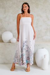 Mattina Maxi Dress: Spaghetti Strap Sun Dress in Horoscope Print