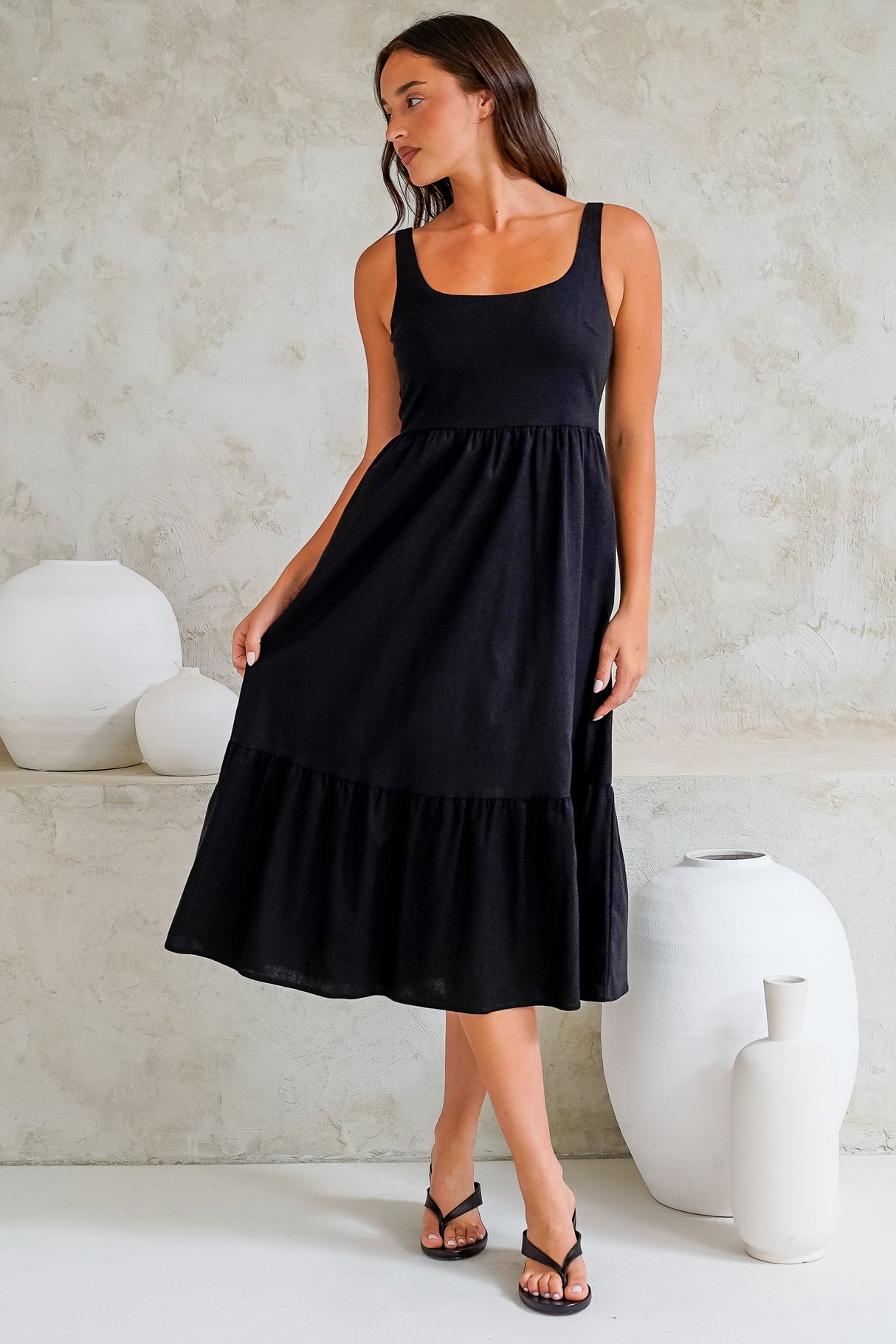 Hera Midi Dress - Scoop Neck Adjustable Strap Tiered Dress with Pockets in Black