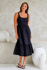 Hera Midi Dress - Scoop Neck Adjustable Strap Tiered Dress with Pockets in Black