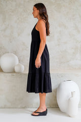 Hera Midi Dress - Scoop Neck Adjustable Strap Tiered Dress with Pockets in Black