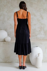 Hera Midi Dress - Scoop Neck Adjustable Strap Tiered Dress with Pockets in Black
