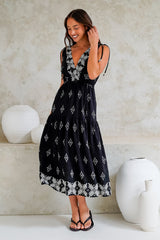 Laurina Midi Dress - Deep V-Neck A-Line Dress with Waist Tie in Fresca Print Black