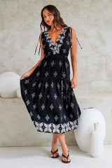 Laurina Midi Dress - Deep V-Neck A-Line Dress with Waist Tie in Fresca Print Black