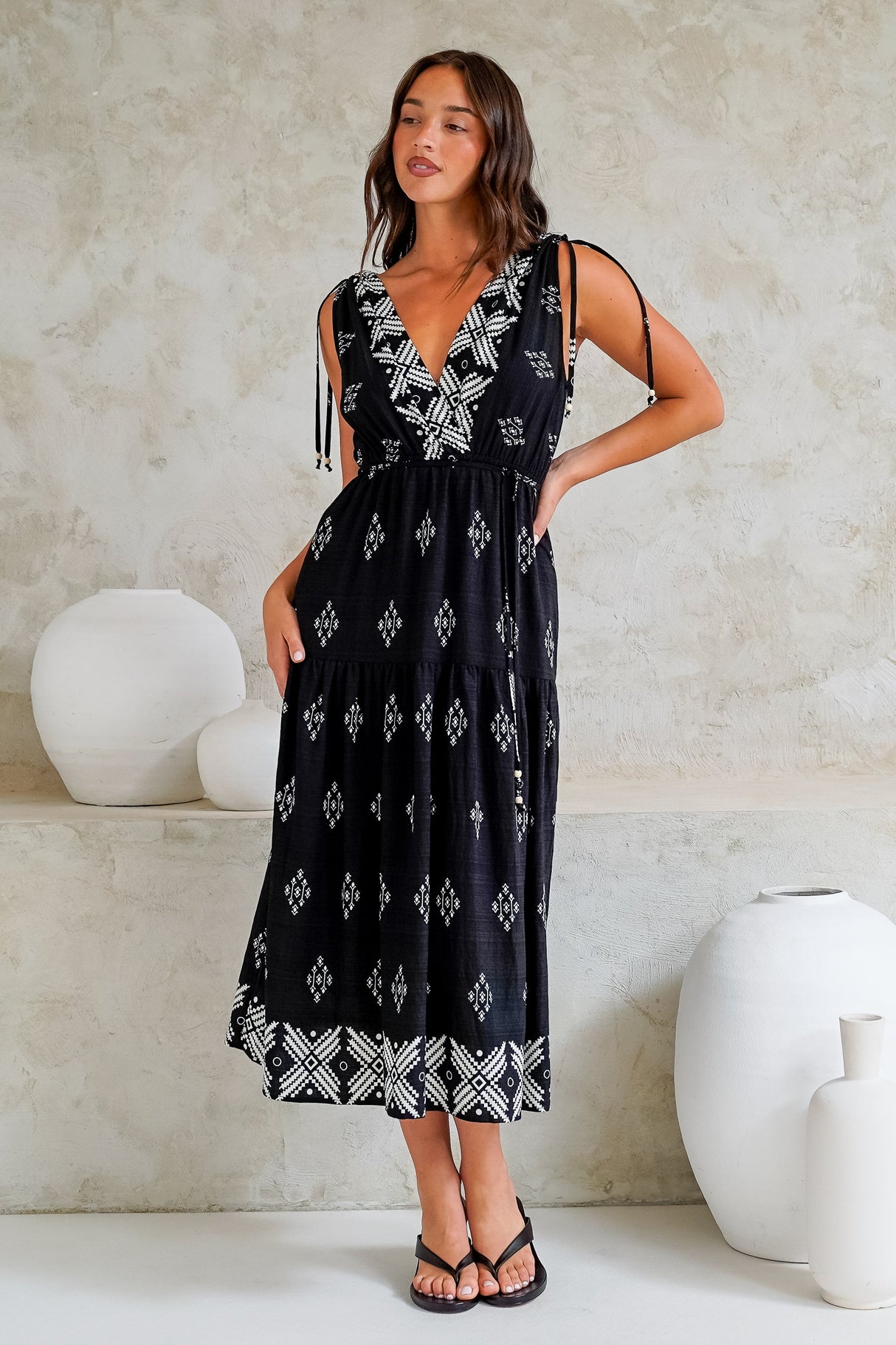 Laurina Midi Dress - Deep V-Neck A-Line Dress with Waist Tie in Fresca Print Black