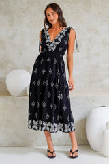 Laurina Midi Dress - Deep V-Neck A-Line Dress with Waist Tie in Fresca Print Black