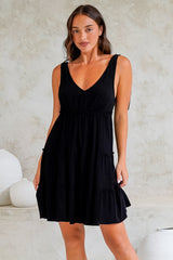 Lacy Mini Dress - Tie on Shoulder Strap Frill Splicing Tiered Sun Dress in Black