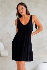 Lacy Mini Dress - Tie on Shoulder Strap Frill Splicing Tiered Sun Dress in Black