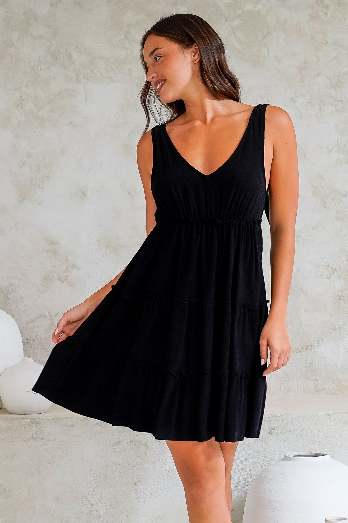 Lacy Mini Dress - Tie on Shoulder Strap Frill Splicing Tiered Sun Dress in Black