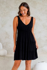 Lacy Mini Dress - Tie on Shoulder Strap Frill Splicing Tiered Sun Dress in Black