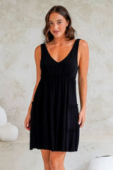 Lacy Mini Dress - Tie on Shoulder Strap Frill Splicing Tiered Sun Dress in Black