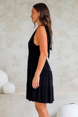 Lacy Mini Dress - Tie on Shoulder Strap Frill Splicing Tiered Sun Dress in Black