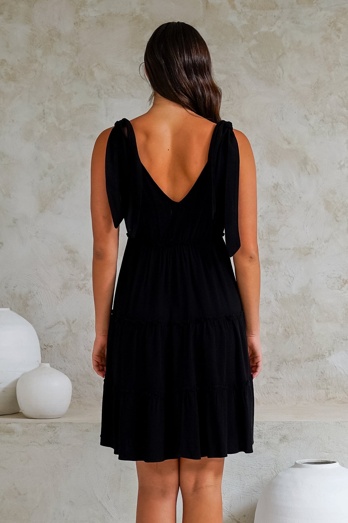 Lacy Mini Dress - Tie on Shoulder Strap Frill Splicing Tiered Sun Dress in Black