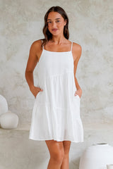 Ferry Mini Dress - Asymmetric Tiered Sun Dress with Spaghetti Straps in White