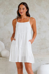 Ferry Mini Dress - Asymmetric Tiered Sun Dress with Spaghetti Straps in White