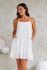 Ferry Mini Dress - Asymmetric Tiered Sun Dress with Spaghetti Straps in White