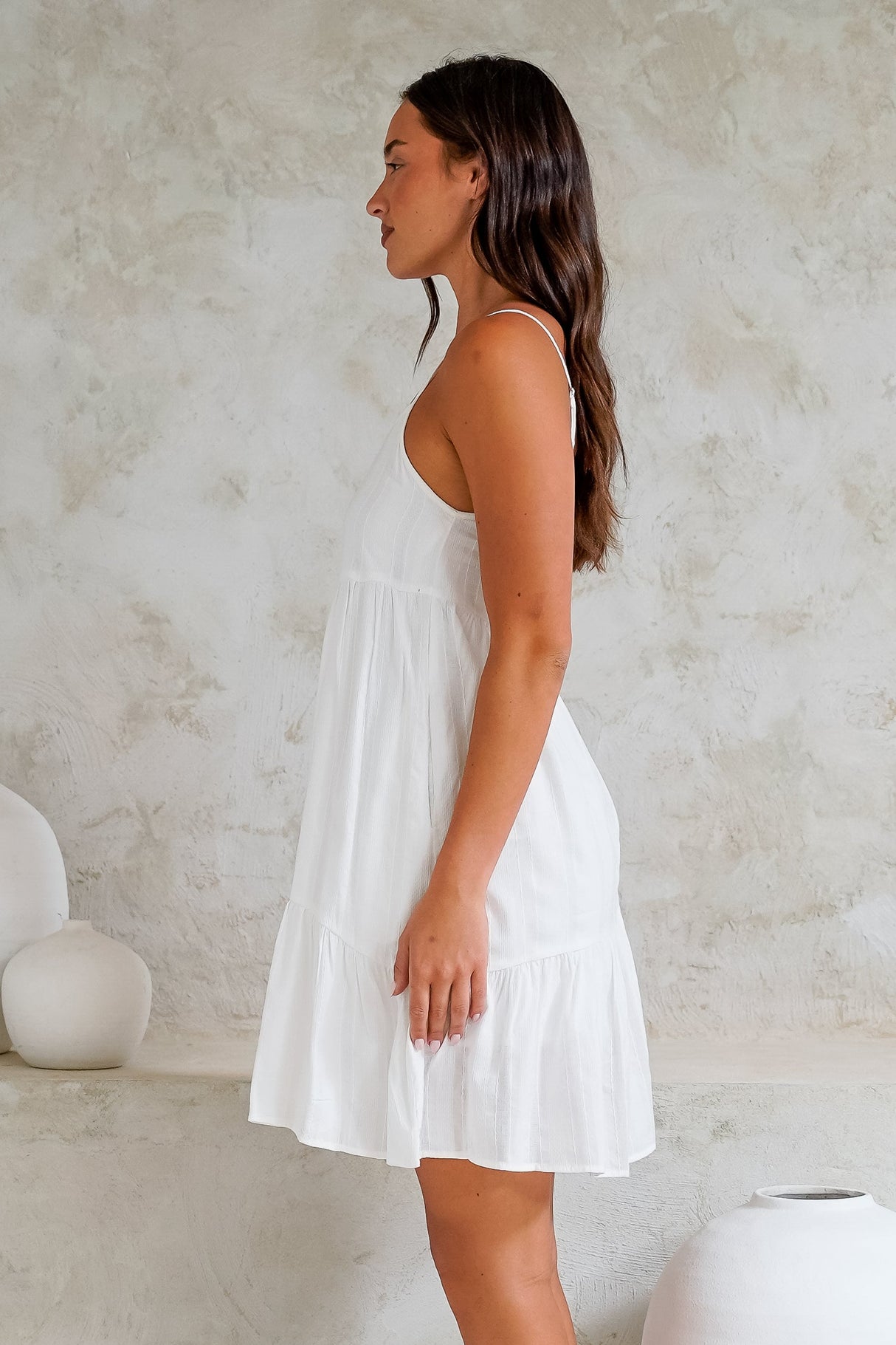 Ferry Mini Dress - Asymmetric Tiered Sun Dress with Spaghetti Straps in White