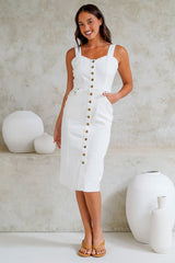Paigette Dress - A-Line Buttoned Through Dress with Contrast Stitching in White Denim