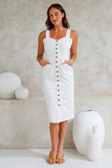 Paigette Dress - A-Line Buttoned Through Dress with Contrast Stitching in White Denim