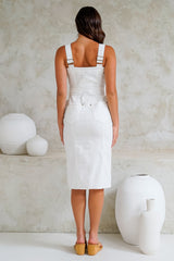Paigette Dress - A-Line Buttoned Through Dress with Contrast Stitching in White Denim