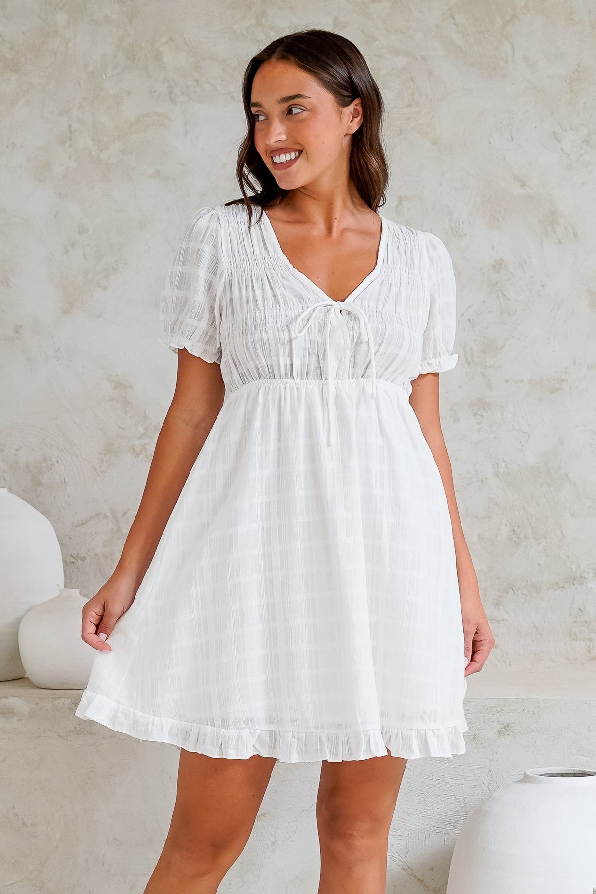 Rituelle Mini Dress - Babydoll Mini Dress in White