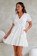 Adriana Mini Dress - Frill Collar Ladder Lace Detailed Dress with Waist Tie in White