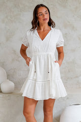 Adriana Mini Dress - Frill Collar Ladder Lace Detailed Dress with Waist Tie in White
