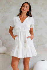 Adriana Mini Dress - Frill Collar Ladder Lace Detailed Dress with Waist Tie in White