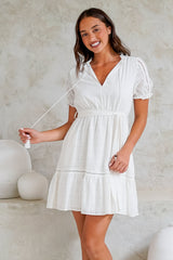 Adriana Mini Dress - Frill Collar Ladder Lace Detailed Dress with Waist Tie in White