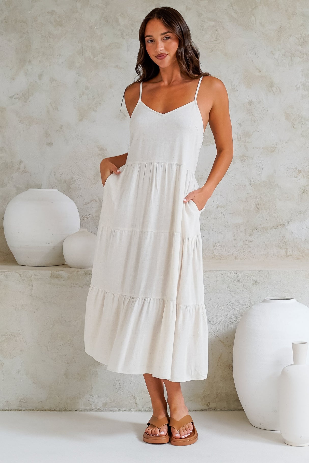 Arlowe Midi Dress - Soft V Neckline Tiered Linen Sun Dress in Oat