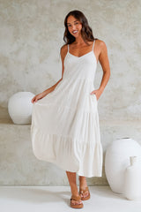 Arlowe Midi Dress - Soft V Neckline Tiered Linen Sun Dress in Oat