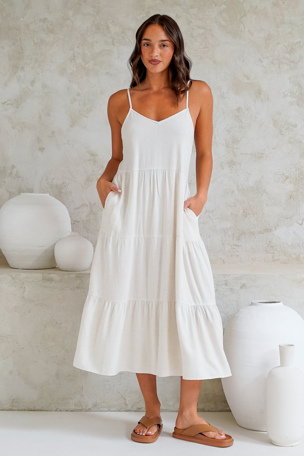 Arlowe Midi Dress - Soft V Neckline Tiered Linen Sun Dress in Oat
