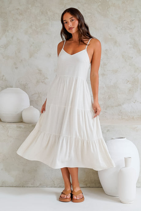 Arlowe Midi Dress - Soft V Neckline Tiered Linen Sun Dress in Oat