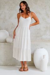 Arlowe Midi Dress - Soft V Neckline Tiered Linen Sun Dress in Oat