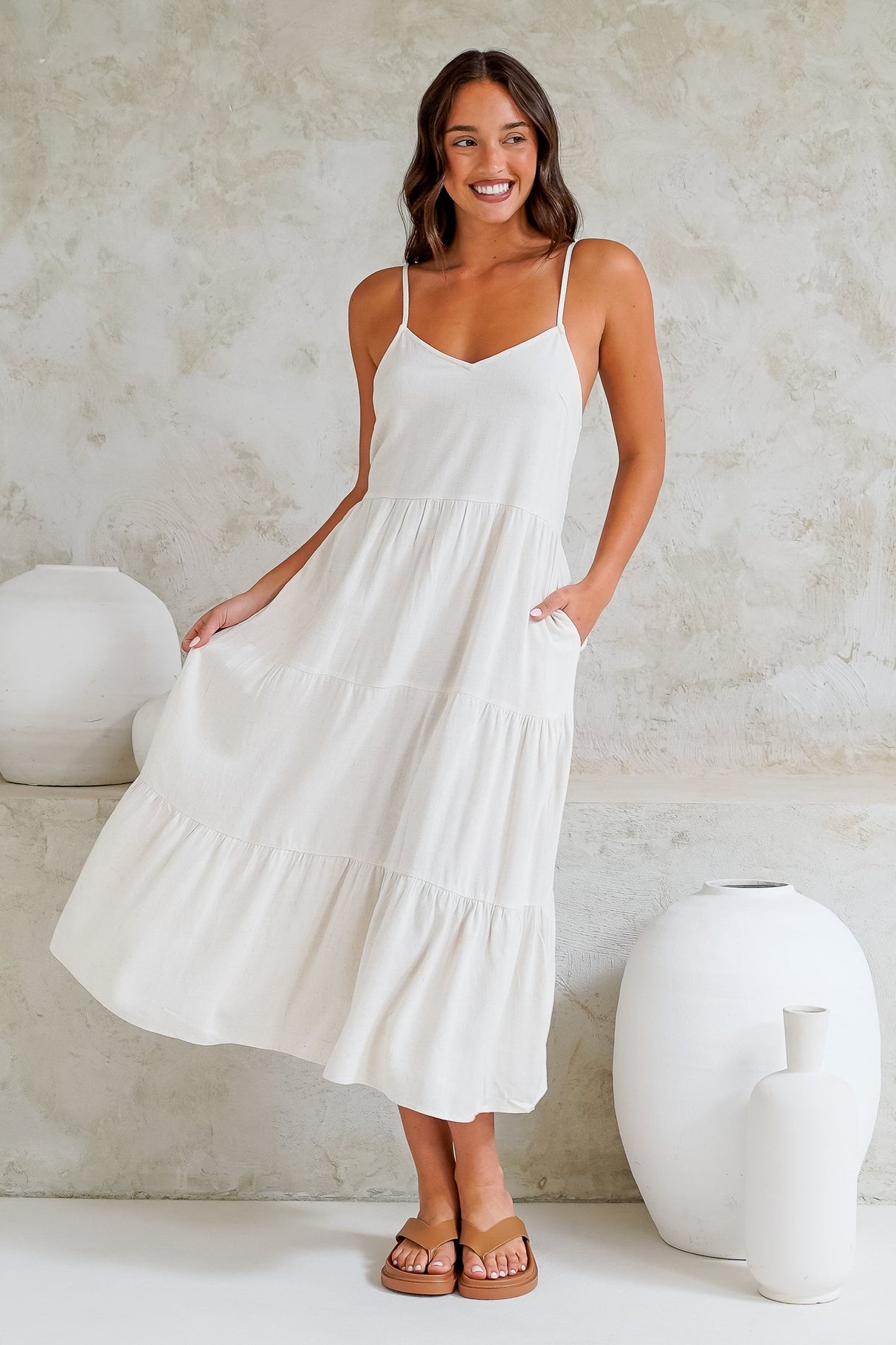 Arlowe Midi Dress - Soft V Neckline Tiered Linen Sun Dress in Oat