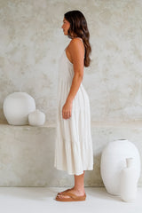 Arlowe Midi Dress - Soft V Neckline Tiered Linen Sun Dress in Oat
