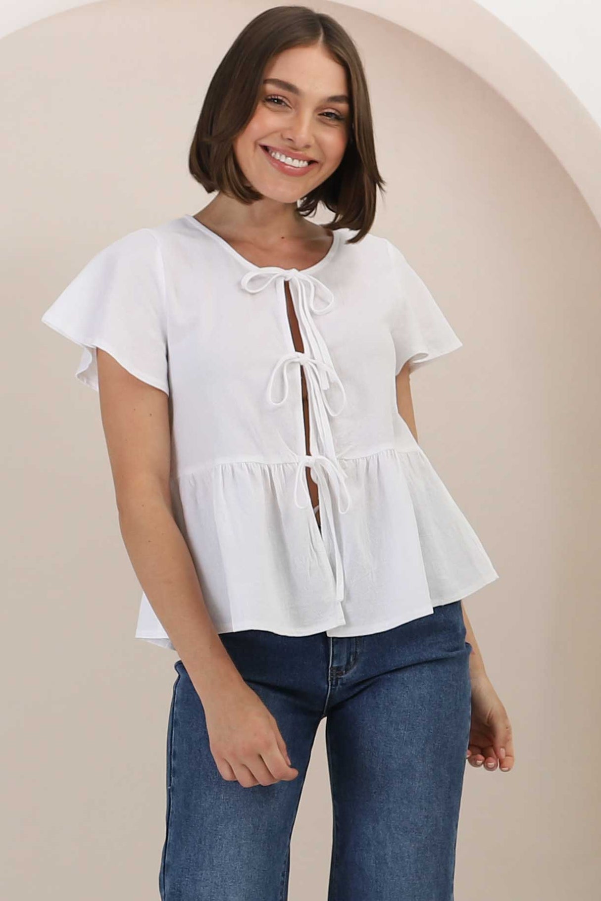 Renn Tie Top - V Neck Cap Sleeve Tie Front Linen Top in White