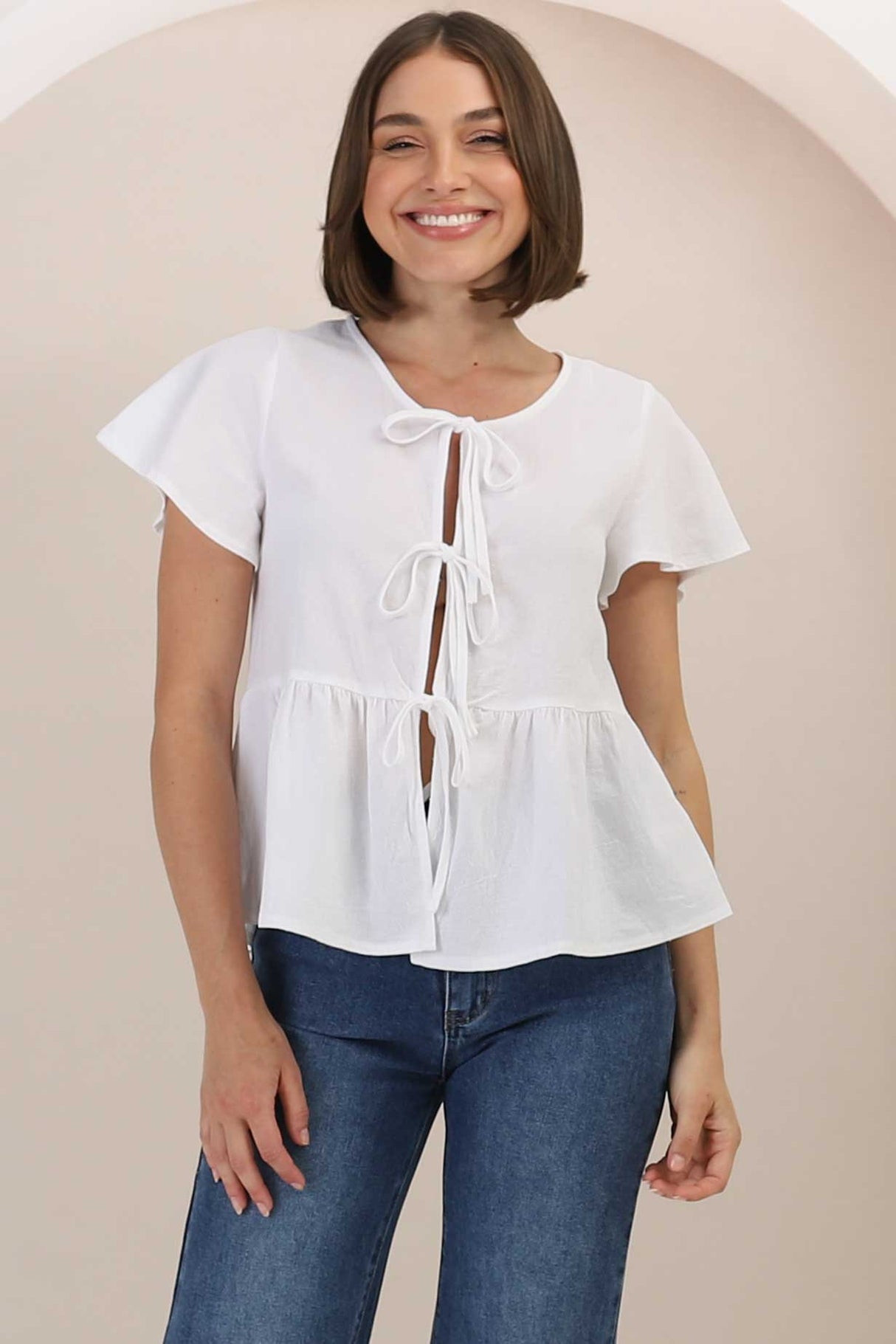 Renn Tie Top - V Neck Cap Sleeve Tie Front Linen Top in White