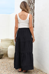 Rennie Maxi Skirt - Tiered Pleated Spliced Skirt with Contrast Stitch in Navy