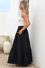 Rennie Maxi Skirt - Tiered Pleated Spliced Skirt with Contrast Stitch in Navy