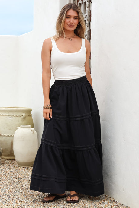 Rennie Maxi Skirt - Tiered Pleated Spliced Skirt with Contrast Stitch in Navy