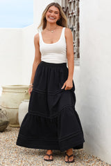 Rennie Maxi Skirt - Tiered Pleated Spliced Skirt with Contrast Stitch in Navy