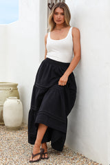Rennie Maxi Skirt - Tiered Pleated Spliced Skirt with Contrast Stitch in Navy