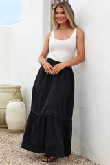 Rennie Maxi Skirt - Tiered Pleated Spliced Skirt with Contrast Stitch in Navy