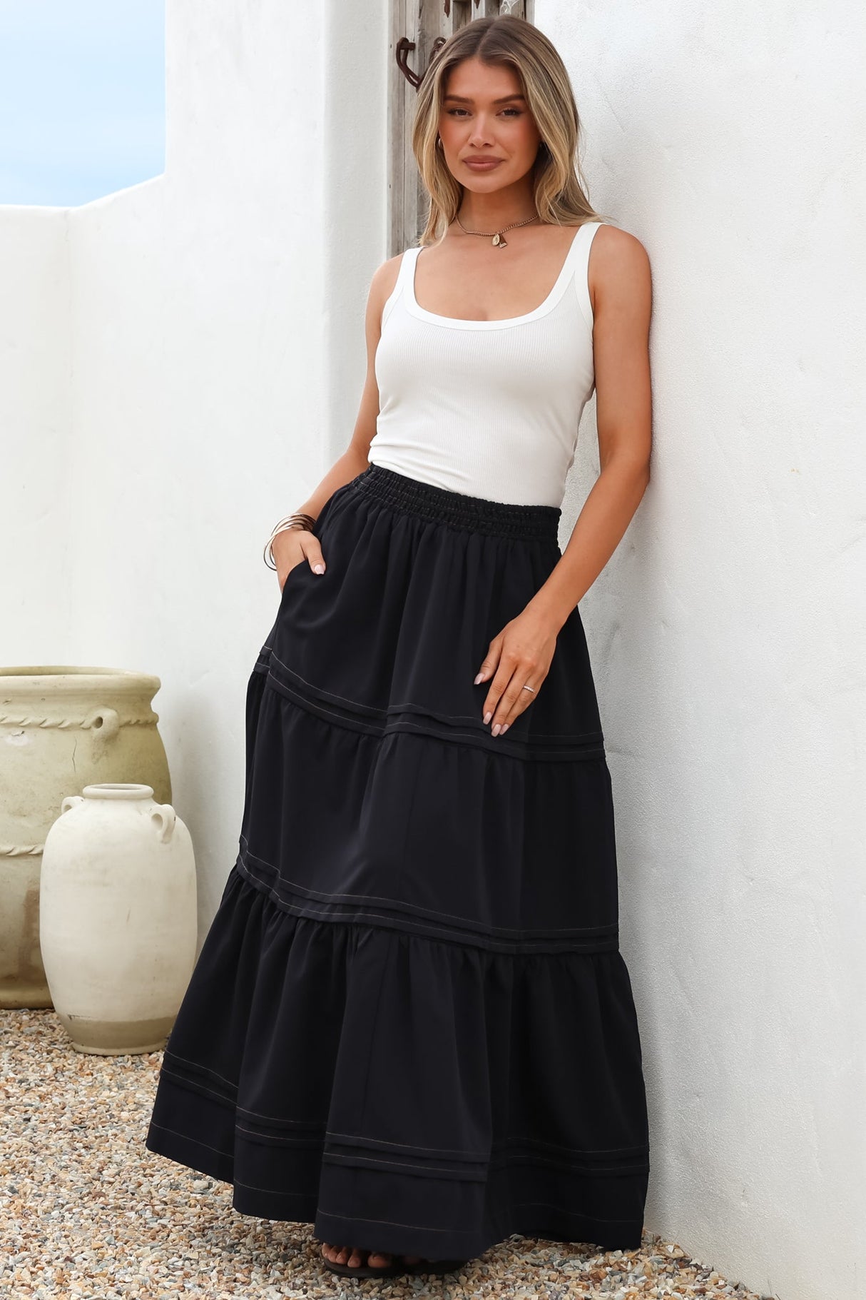 Rennie Maxi Skirt - Tiered Pleated Spliced Skirt with Contrast Stitch in Navy