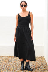 Renny Midi Skirt - High Waisted High-Low Cotton Skirt with Elasticated Waistband in Black