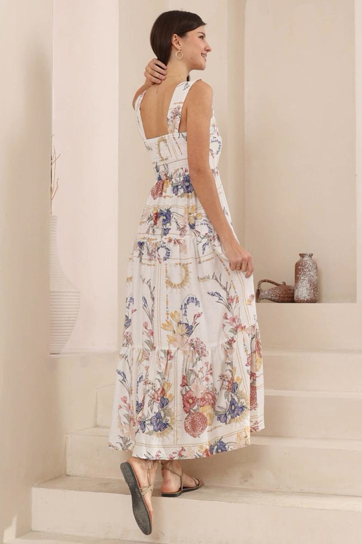 Reo Maxi Dress: Milk Maid Neckline Tiered Dress in Adelia Print