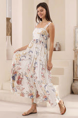 Reo Maxi Dress: Milk Maid Neckline Tiered Dress in Adelia Print